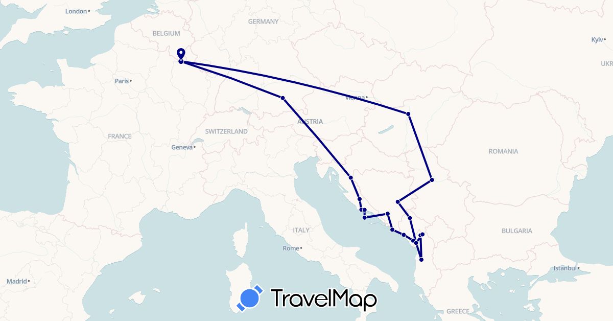 TravelMap itinerary: driving in Albania, Bosnia and Herzegovina, Belgium, Germany, Croatia, Hungary, Montenegro, Serbia (Europe)